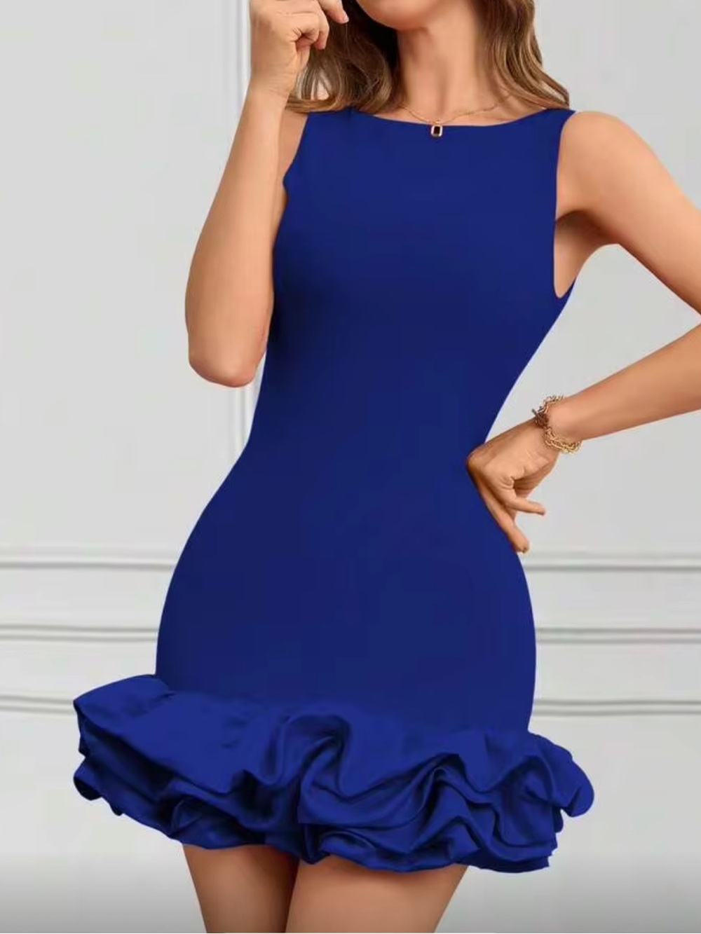 Royal Blue Ruffle Hem Sleeveless Dress